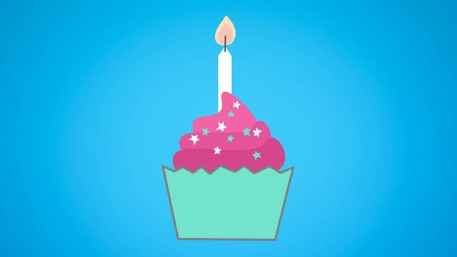 Animation of birthday lit candle in cupcake on blue background