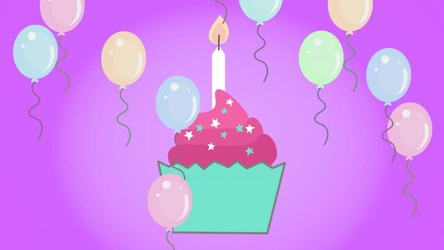 Animation of birthday lit candle in cupcake and multiple balloons on purple background