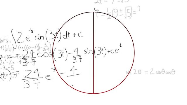 Animation of red outlined circle divided in half and scientific data processing on white background