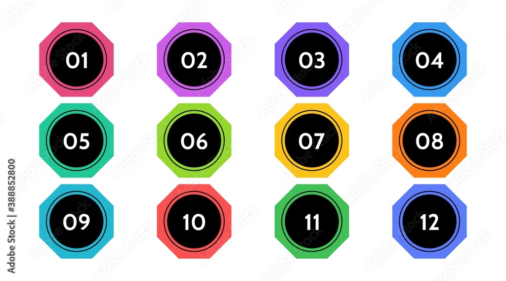 Aufkleber Bullet points data, info markers. icon arrow set. Number Flags 1 to 12 Flat design isolated vector. infographic illustration.