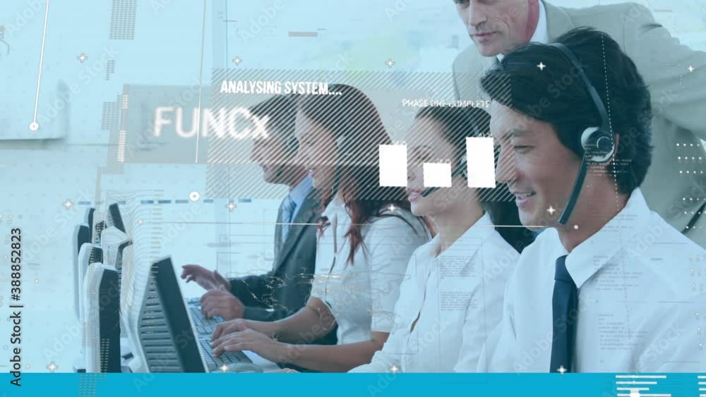 Poster data processing, graphs appearing over group of call centre workers
