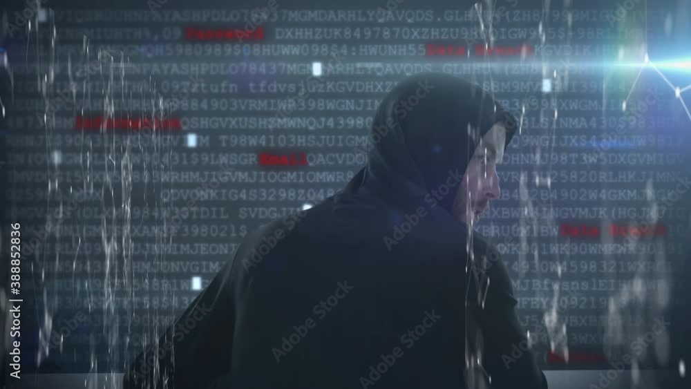 Poster animation of webs of connection with hacker wearing hoodie, using laptop