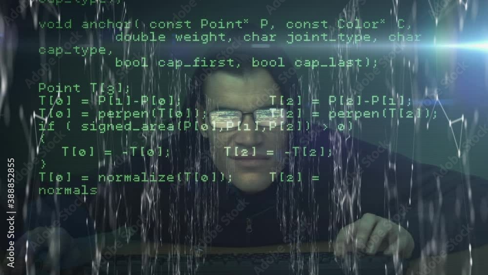 Poster animation of computer data rolling with white webs connection over male hacker
