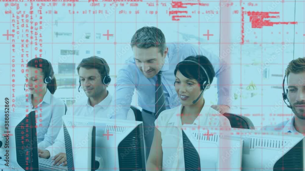Poster Animation of red data processing on grid over group of call centre workers