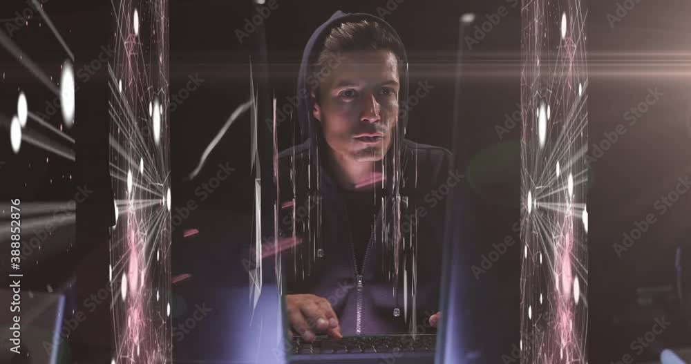 Poster animation of multiple screens showing webs oconnection over male hacker