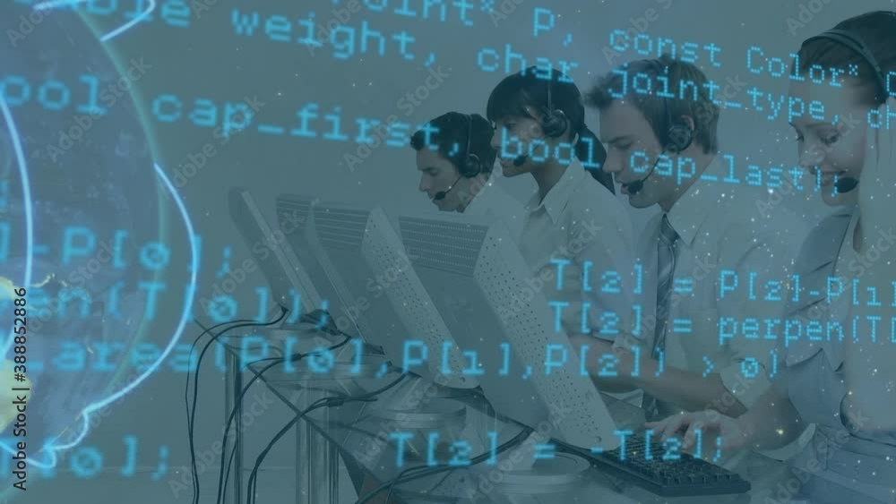 Poster data processing with globe spinning over group of call centre workers