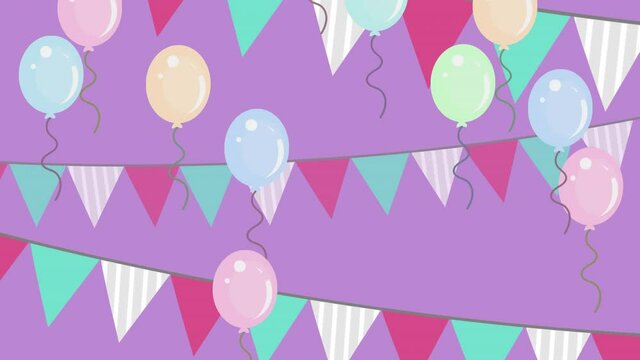 Animation of white pink and green bunting with multiple balloons floating on purple background