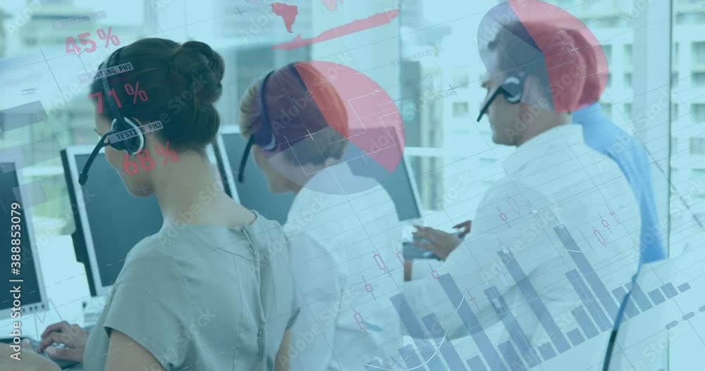 Poster animation of graphs and statistics rolling over group of call centre workers