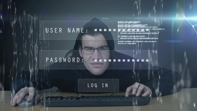 Animation of two frames with login and password over male hacker