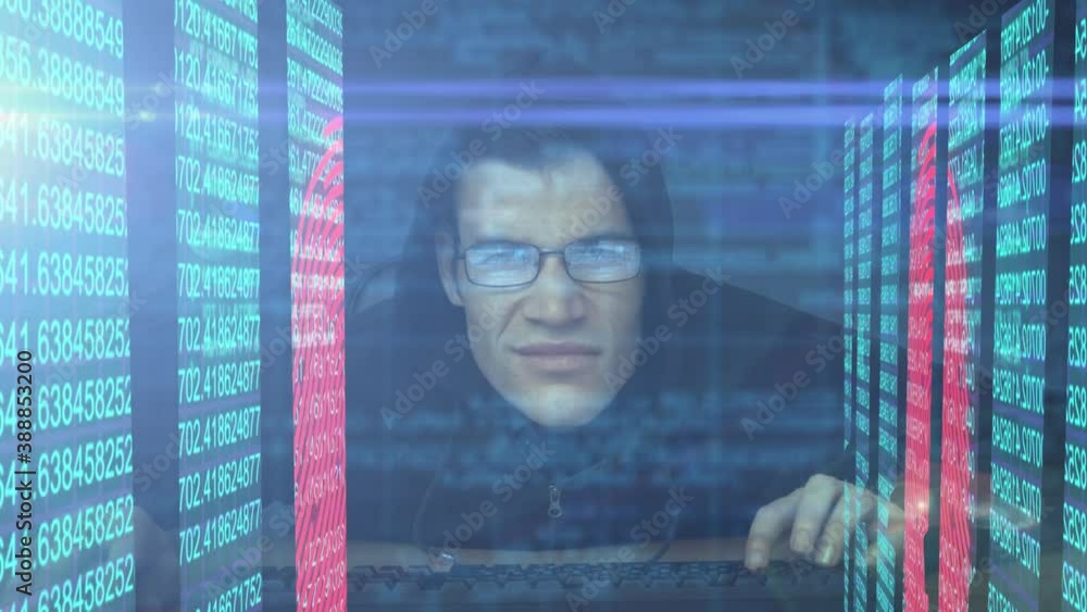 Poster multiple screens showing lines of numbers, data processing over caucasian male hacker wearing a hood