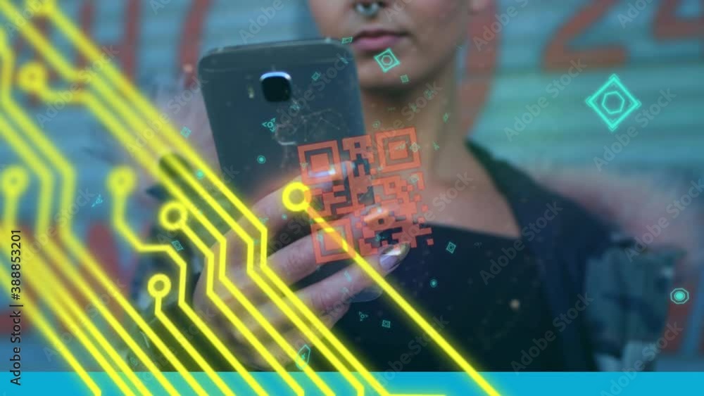 Poster red qr code with yellow web of connection over caucasian woman standing on a street, using a smartph