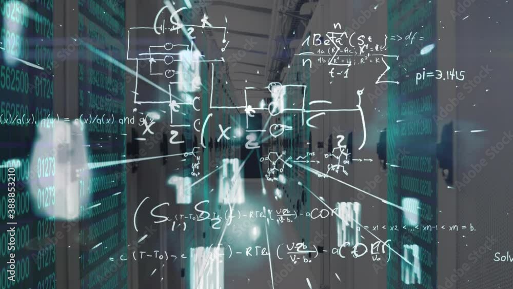 Poster shapes and mathematical equations floating towards the camera over a room made of screens showing li