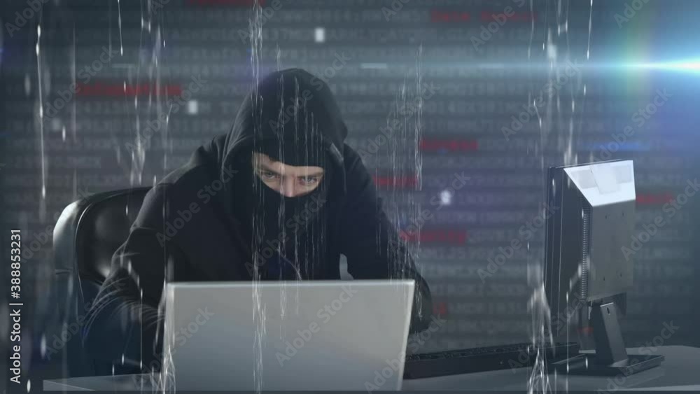 Aufkleber white webs of connections floating with caucasian hacker wearing a hoodie and a balaclava