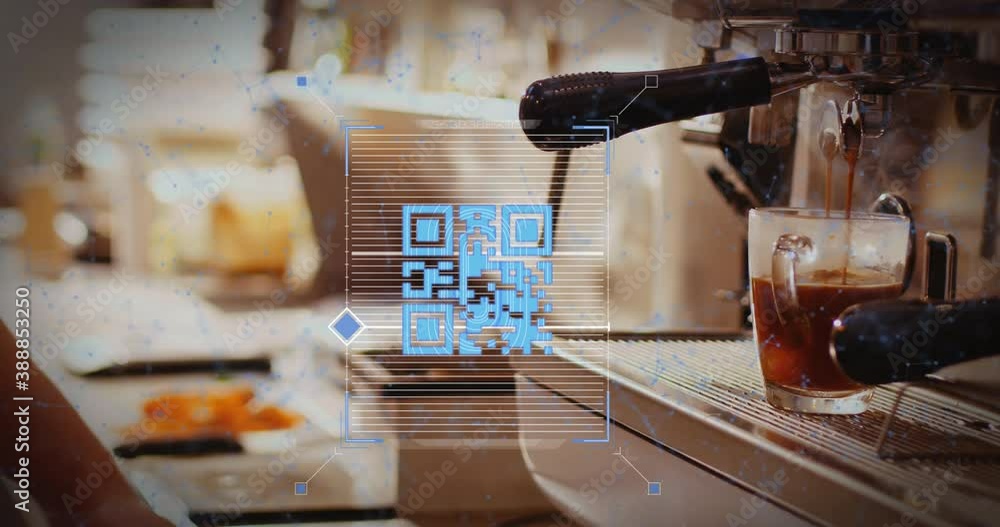 Poster blue qr code scanning with blue web of connections floating over a barista making coffee in a cafe