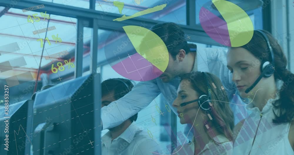 Poster graphs and statistics rolling over a multi-ethnic group of call centre workers talking on the phones