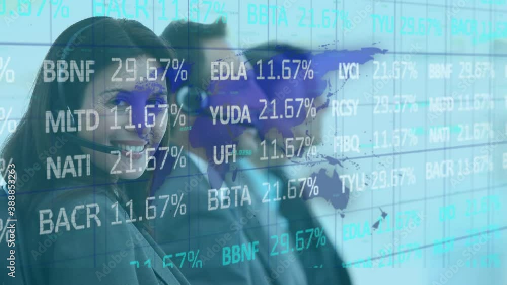 Poster data processing and a blue world map floating over a multi-ethnic group of call centre workers talki