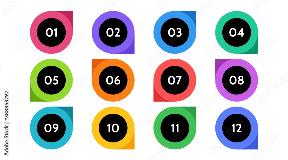 Fototapete Bullet points data, info markers. icon arrow set. Number Flags 1 to 12 Flat design isolated vector. infographic illustration.