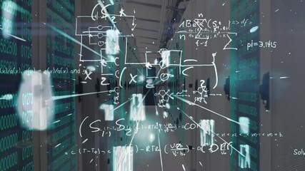 Shapes and mathematical equations floating towards the camera over a room made of screens showing li - Powered by Adobe