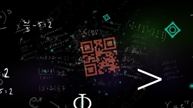 Red QR code with multiple mathematical equations floating over a web of connections floating on blac