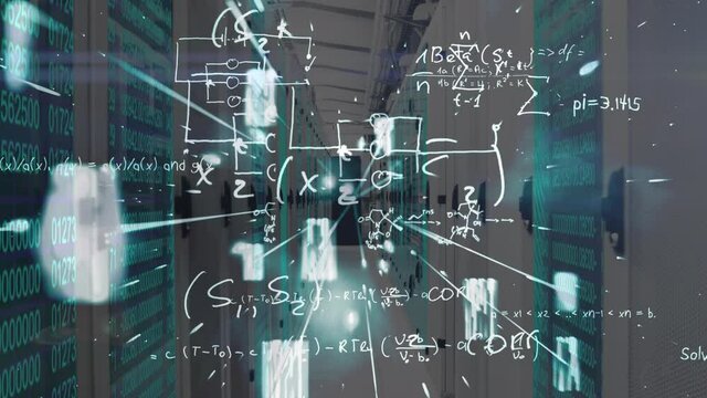 Shapes and mathematical equations floating towards the camera over a room made of screens showing li - Powered by Adobe