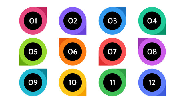 Bullet points data, info markers. icon arrow set. Number Flags 1 to 12 Flat design isolated vector. infographic illustration.