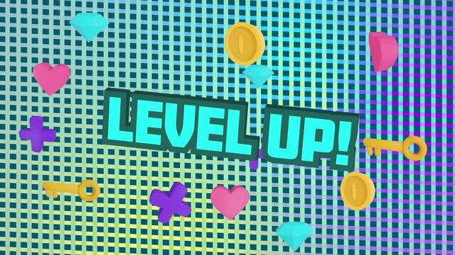 Digital animation of level up text over diamond