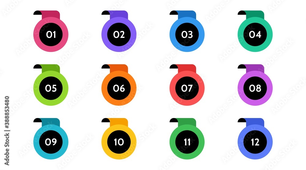 Poster Bullet points data, info markers. icon arrow set. Number Flags 1 to 12 Flat design isolated vector. infographic illustration.