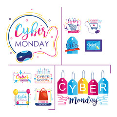 icon set of cyber monday design over white background, colorful style