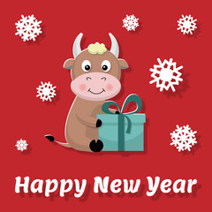 Brown ox, bull, cow sits with a gift and snowflakes on red background. Cartoon. The symbol of the 2021 new year. Inscription - Happy New Year.