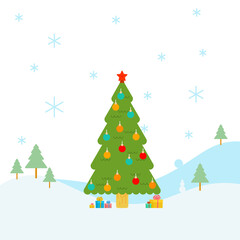 Christmas forest landscape. Festive Christmas tree in forest