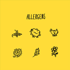 Collection of Allergen icons drawn linearly. Set of Allergen icons. Icons designed to indicate allergens in food or in the home of a person. Medical contraindications label on the product packaging