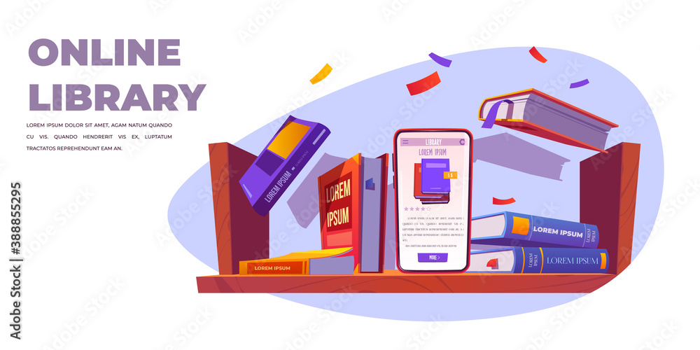 Poster online library service, smartphone stand on shelf with books, mobile phone with application for read
