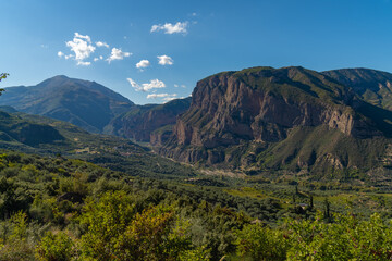 Dramatic sea and mountain landscapes along the backroads of the Northern Peloponnese Peninsula, Southern mainland Greece