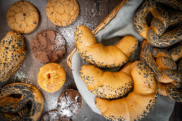 Fresh pastries buns wicker basket rustic style bakery