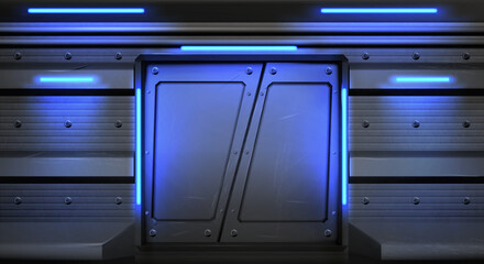 Old metal sliding doors with glowing neon lamps in spaceship, submarine or laboratory. Vector realistic interior of empty hallway in space ship with scratched closed gate. Steel doors in spacecraft © klyaksun