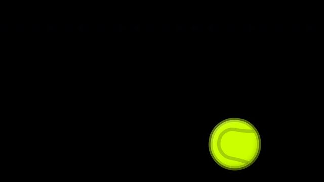 Tennis ball falling jump, to the ground. Classic, retro, hairy. Green, yellow leather felt tennis ball bounces from left to right and rolls off. Alpha channel, transparent background. 4K 2D animation