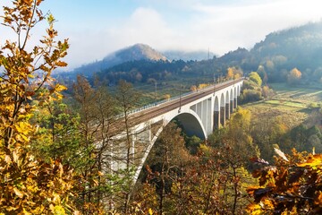 Railway bridge in autumn in the Czech Republic of the village Dolni Loucky. Train transport. Autumn foggy morning in the countryside.