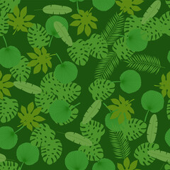 Tropical leaves on a green background. Seamless pattern. Vector illustration.