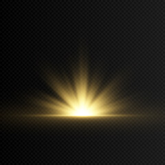A golden flash of light. Sunshine, dawn, sun. Light beams. Golden light. Light png. Christmas.