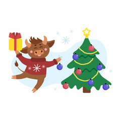 Vector christmas illustration of cow, ox or bull in ugly sweater with gift box decorate the Christmas tree around snow flakes. Year of bull 2021 concept. Christmas holidays, xmas illustration