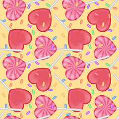 Seamless, endless pattern with candy with shape of hearts. Seamless pattern with lollipops. Wrapping textile fabric wallpaper design. vector illustration