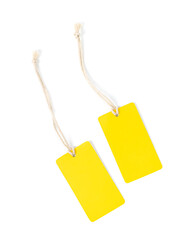 Mock up of two yellow paper labels isolated on white background.