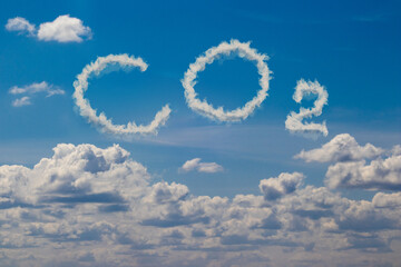 CO2 written by clouds in the sky. Environmental pollution, concept