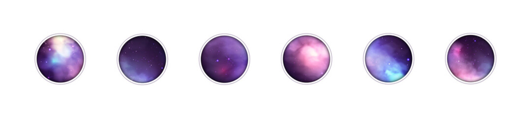 Highlight stories cover for social media with night starry sky, nebula and Milky Way textures. Vector collection of templates for blogging or branding