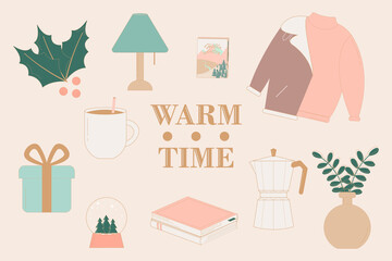 Winter illustration with set of cozy objects. Hygge lifestyle, cute winter elements for stickers. Greeting card design with old coffee maker, books and sweater