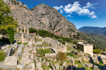 Fototapeta na wymiar Archeological site of Delphi, Greece, a sacred precinct in ancient times that served as the seat of Pythia, the major oracle who was consulted about important decisions
