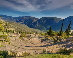 The ancient theater in the Archeological site of Delphi, Greece, a sacred precinct in ancient times that served as the seat of Pythia, the major oracle who was consulted about important decisions 