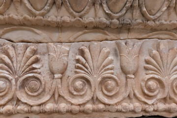 Architectural detail in the Archeological site of Delphi, Greece, a sacred precinct in ancient times that served as the seat the oracle who was consulted about important decisions.