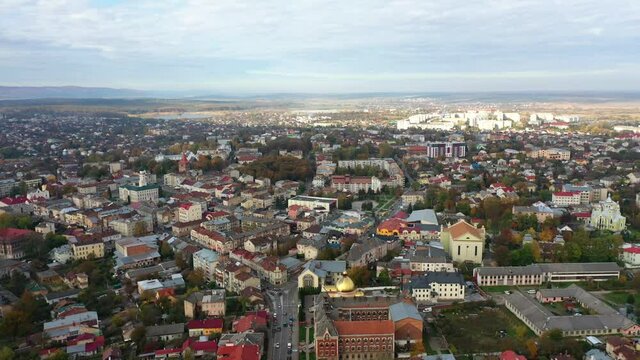 Aerial drone view of Drohobych city, old European city in Western Ukraine, pull back