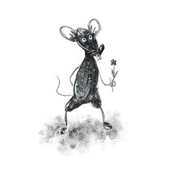 funny black mouse with a flower in its paw, hand drawing, with textures